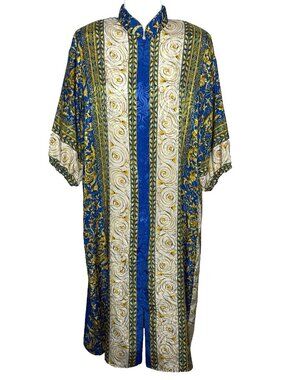 Vintage 80s Ruth Norman Kaftan Dress Size L PETITE Blue Gold Baroque Satin Zip